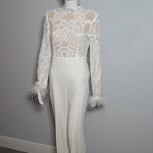 Fashion Nova White Sequin Feather Trim Jumpsuit – Size Medium - Picture 2 of 4